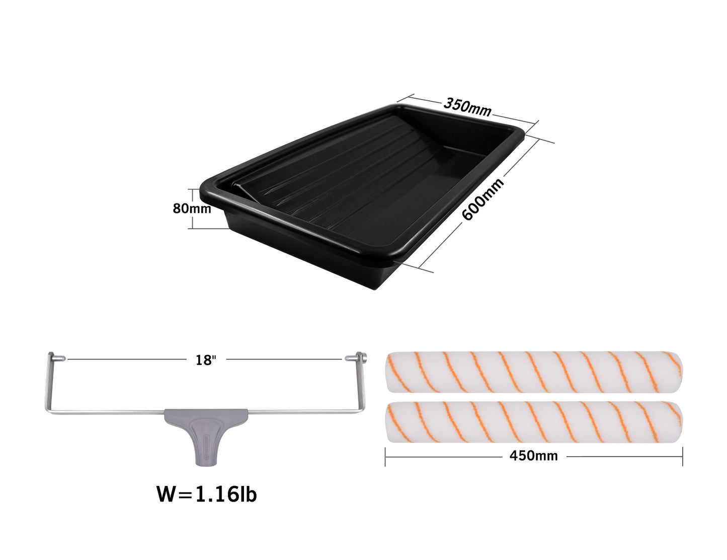 70276-measurements of 70276-16PC 18 inch paint roller set with frame, covers, tray, and liners