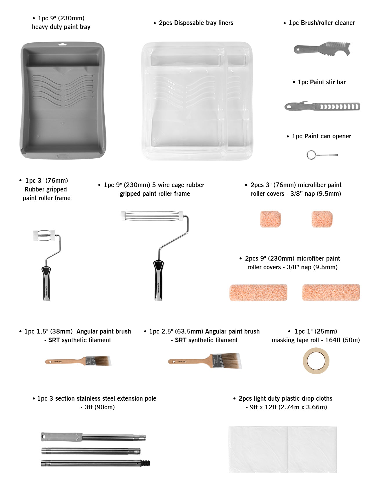 70292 measurements of Full painting kit with rollers, brushes, pole, and drop cloths