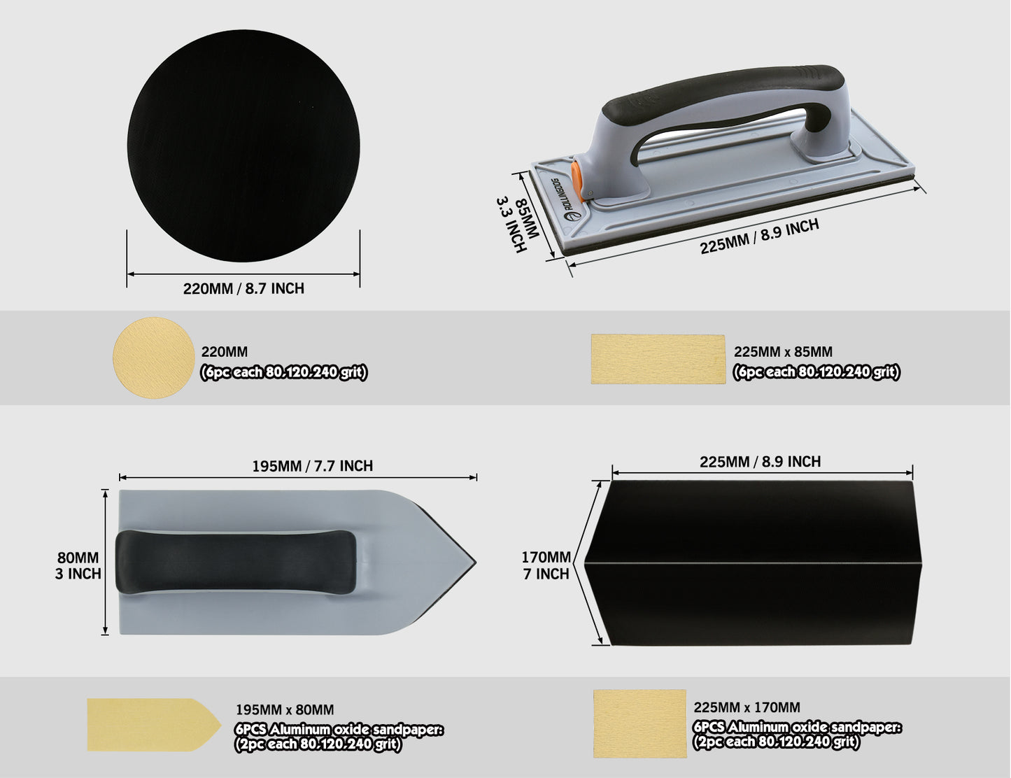 90194-Wall sanding kit showing radial, rectangular, corner, and detail sanders