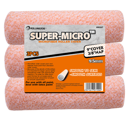 00247 9" SUPER-MICRO™ microfiber roller covers 3 pack with 3/8" nap