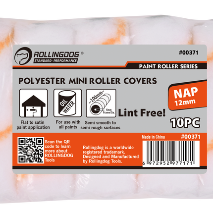 Pack of RollingDog paint roller covers with label on a white background