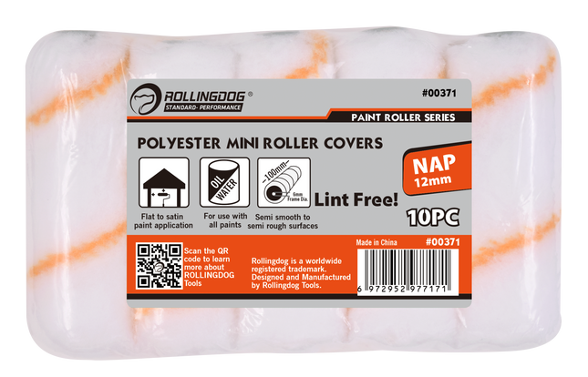 Pack of RollingDog paint roller covers with label on a white background