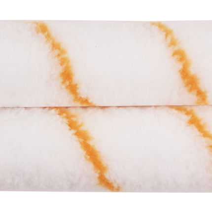Two paint rollers with white sleeves and orange bristles on a white background