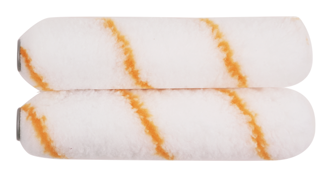 Two paint rollers with white sleeves and orange bristles on a white background