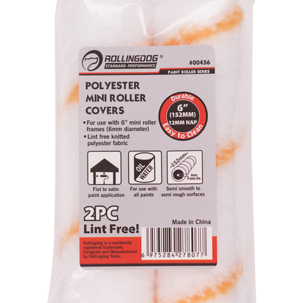 Packaged polyester mini roller covers with brand logo and product details.