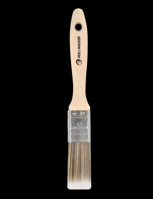 Angled view of 1-inch SRT synthetic paint brush with wooden handle