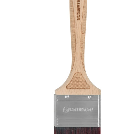 10268-Close-up of 2.5 inch tapered polyester bristle paint brush with engraved handle