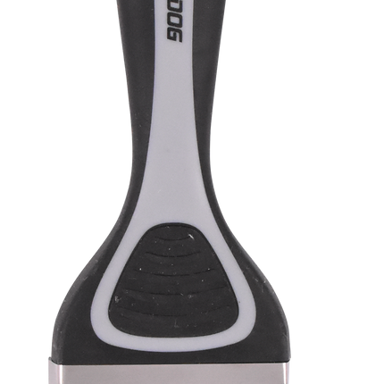 Paint brush with black and gray handle and silver ferrule on a white background