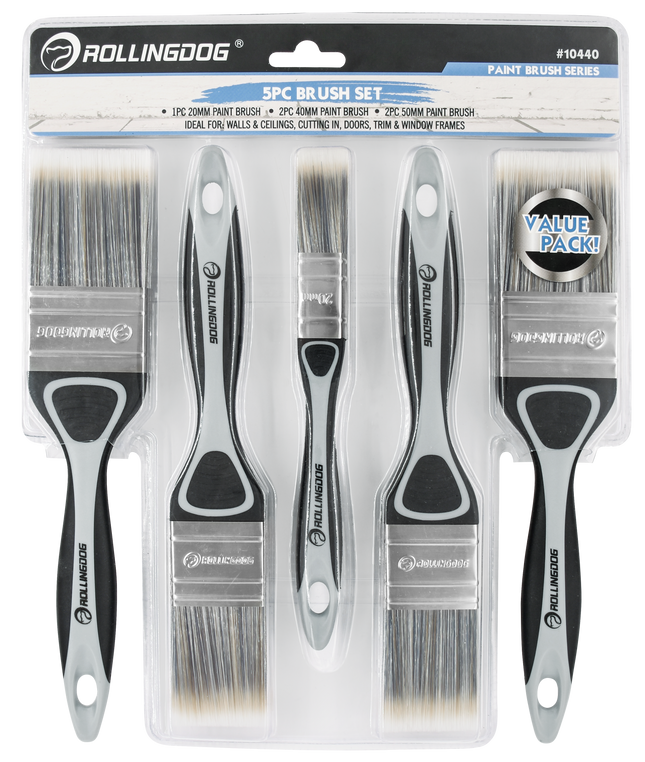 Set of five paint brushes in packaging with 'RollingDog' branding.