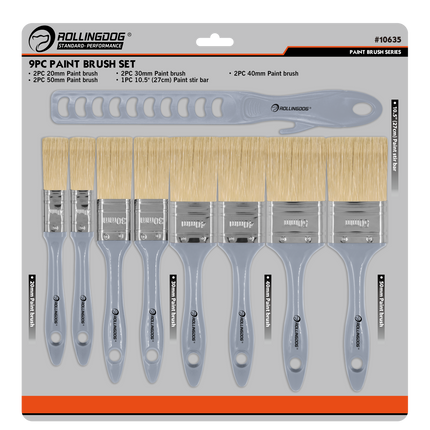 9PC Paint Brush Set with Stir Bar | Multi-Size Brush Kit