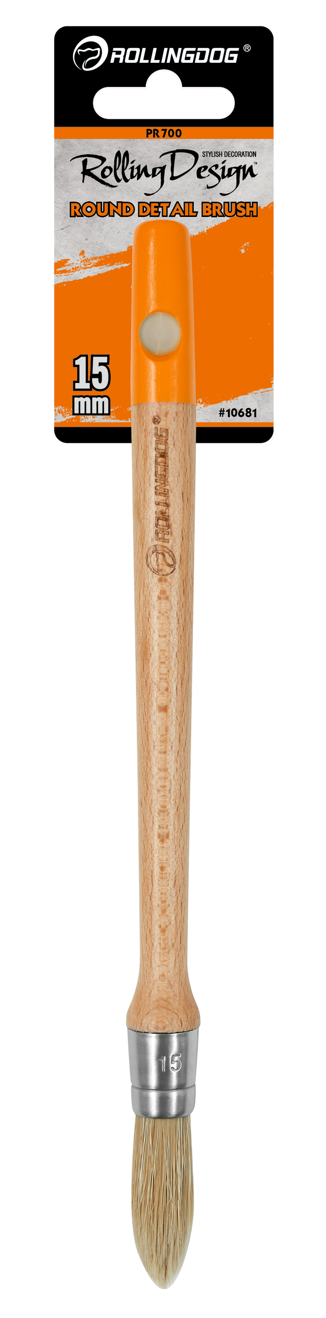Rolling Dog round detail brush with wooden handle and metal ferrule on a white background