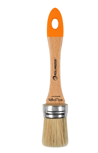 Angled view of oval chalk paint brush with wooden handle