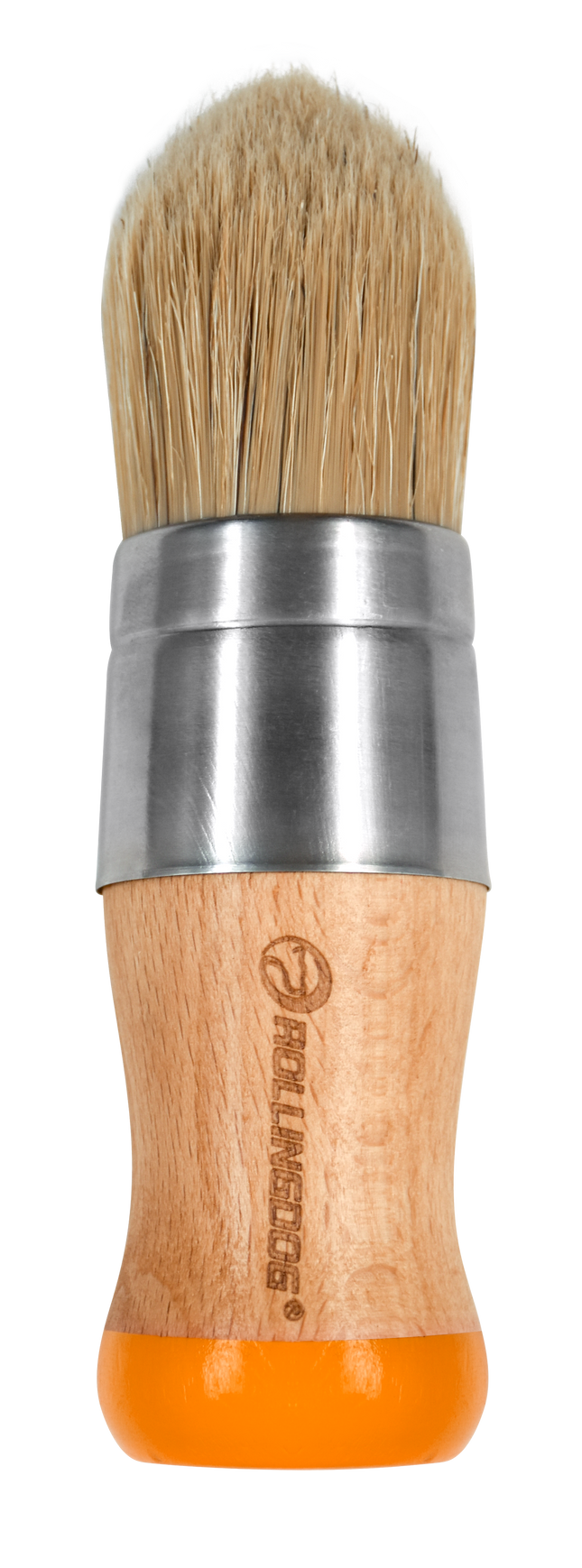 Wooden brush with orange top and metal ferrule on a white background