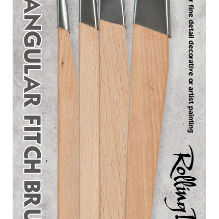Packaging of RollingDog Angular Fitch Brush Set with four brushes on a gray background.