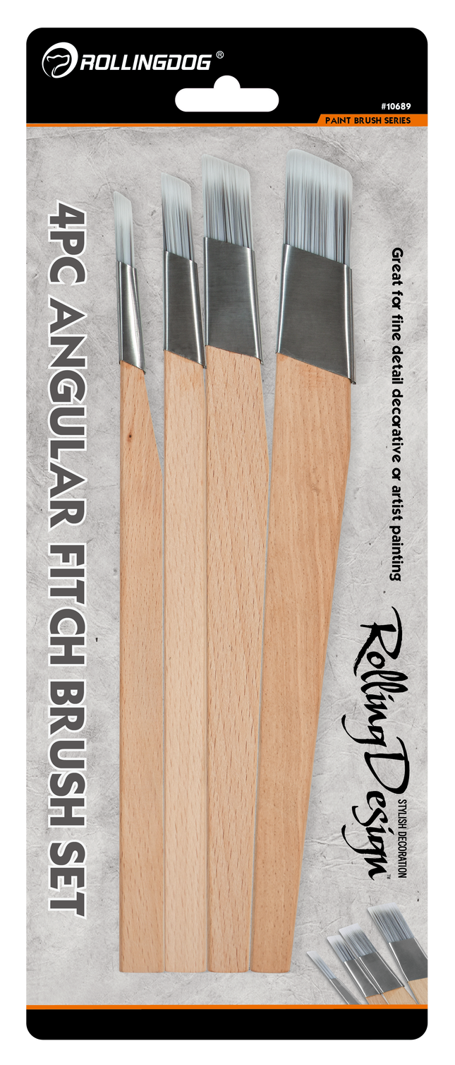 Packaging of RollingDog Angular Fitch Brush Set with four brushes on a gray background.