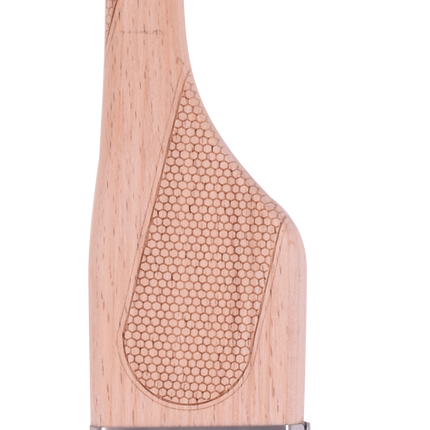 Paint brush with wooden handle and black bristles on a white background