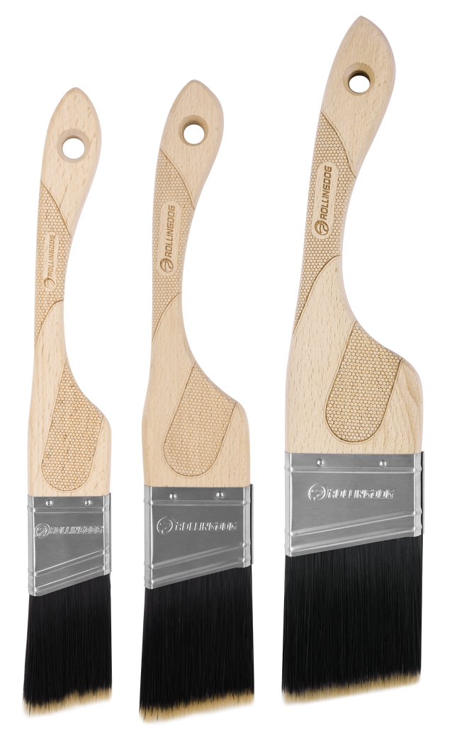 Three paint brushes with wooden handles and black bristles Rollingdog