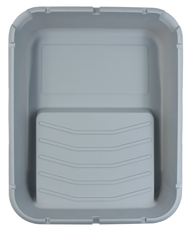 Gray plastic paint tray with a textured bottom on a white background