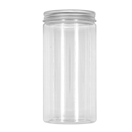 Clear plastic jar with a metal lid on a white background