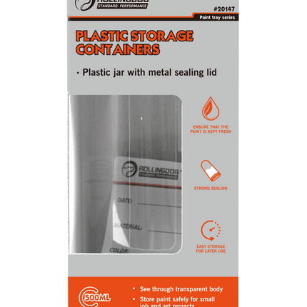 Packaging of RollingDog plastic storage containers with clear jar and metal lid.