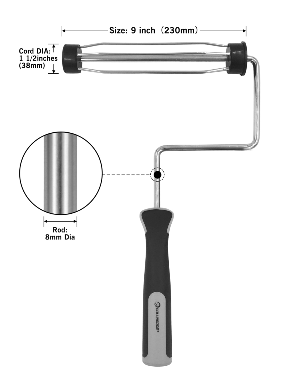 Heavy duty 9 inch paint roller frame with ergonomic soft grip and enclosed bearings