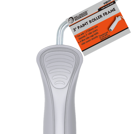 Paint roller frame with white handle and orange label on a white background