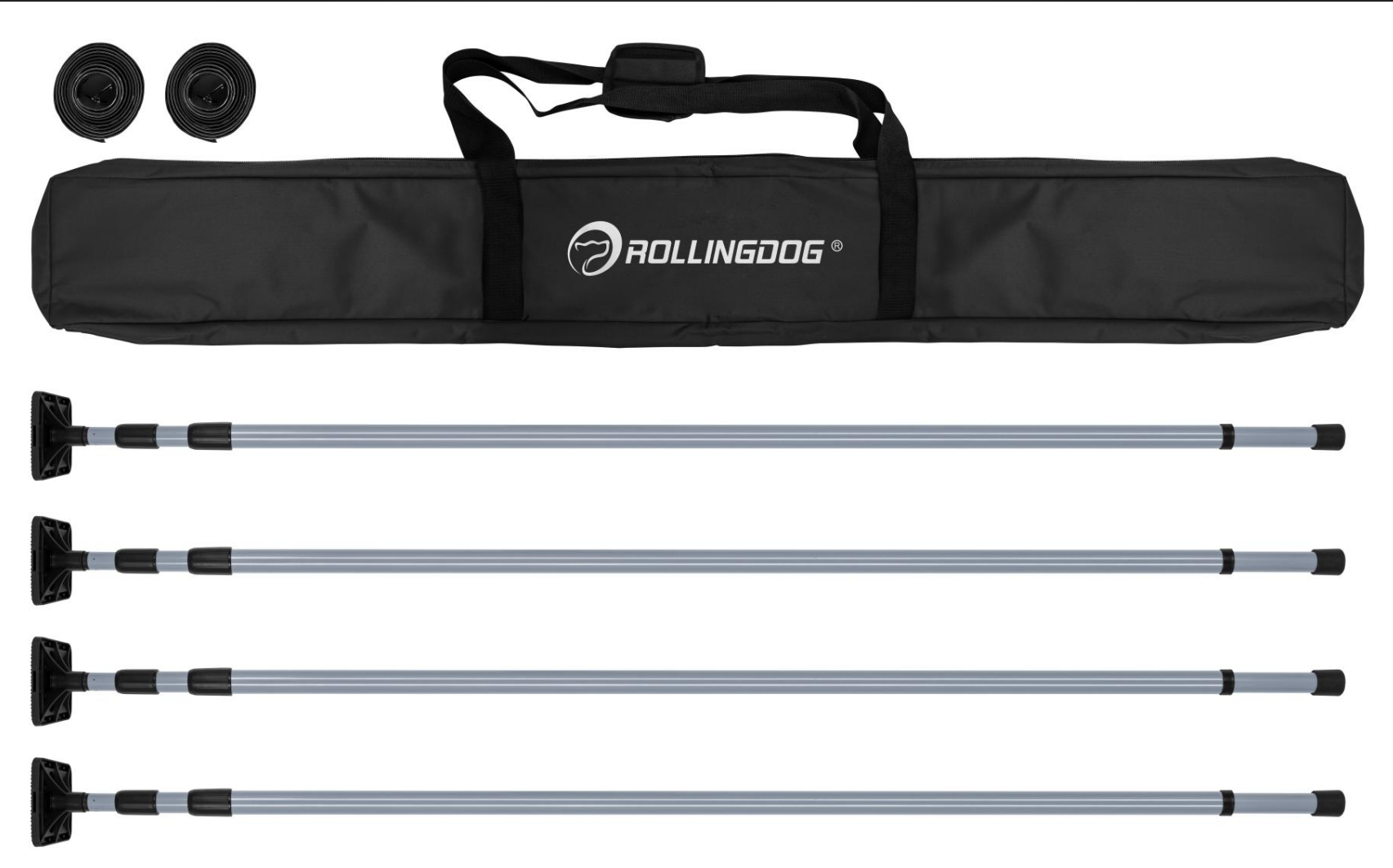 Heavy-duty carry bag holding 7 PC ROLLINGDOG dust barrier pole set for easy transport