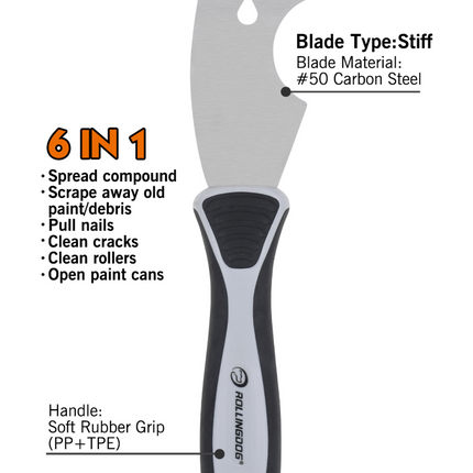 50008-6 in 1 multifunctional painter’s tool with carbon steel blade and rubber grip handle