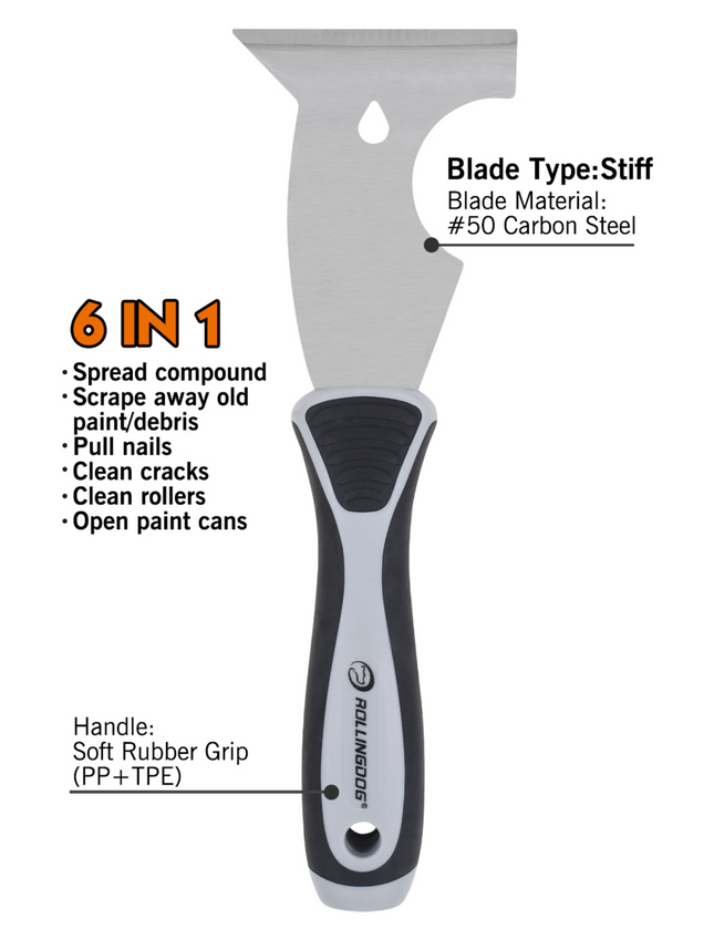 50008-6 in 1 multifunctional painter’s tool with carbon steel blade and rubber grip handle