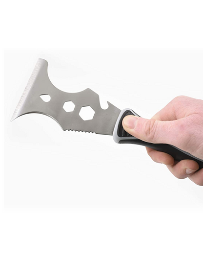 Hand holding a multi-tool with a blade and other components on a white background