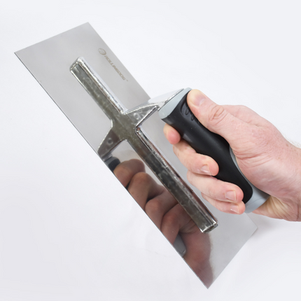 50100-Angled view of 11-inch finishing trowel stainless steel blade