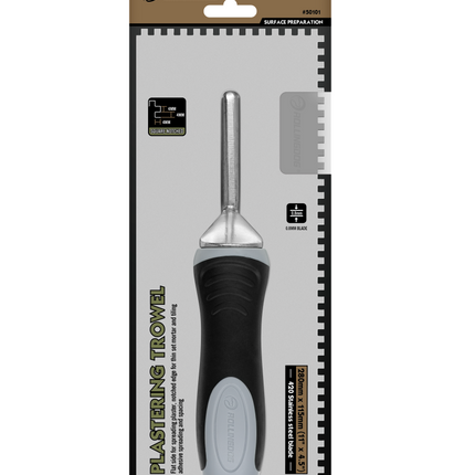 Plastering trowel in packaging with brand logo on a white background