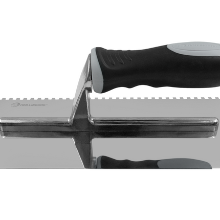 Metal trowel with a black handle on a white background