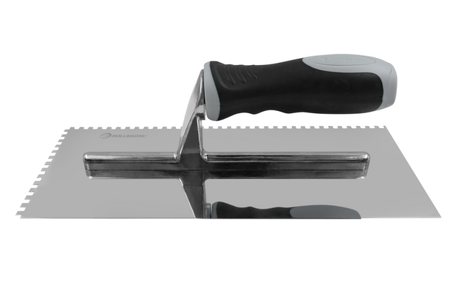 Metal trowel with a black handle on a white background