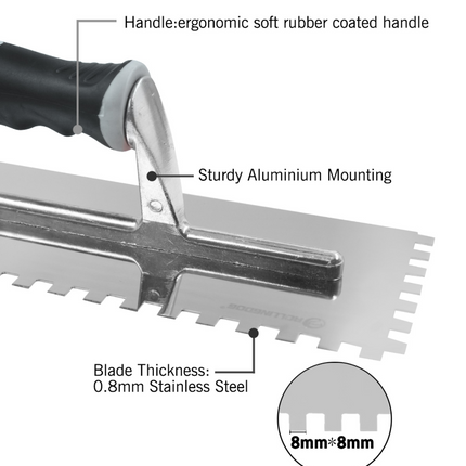 RollingDog 11 inch  5/16 tiling trowel, square notch trowel, tile adhesive spreader, flooring trowel, stainless steel trowel