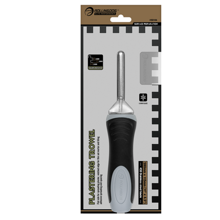 Angled view of plastering trowel showing stainless steel notched blade