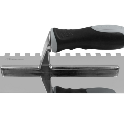 Angled view of plastering trowel showing stainless steel notched blade