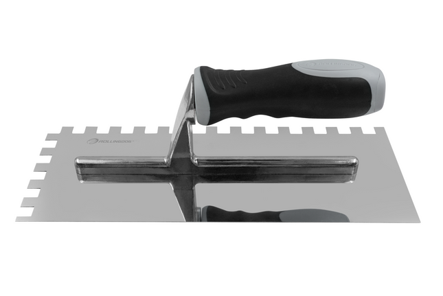 Angled view of plastering trowel showing stainless steel notched blade