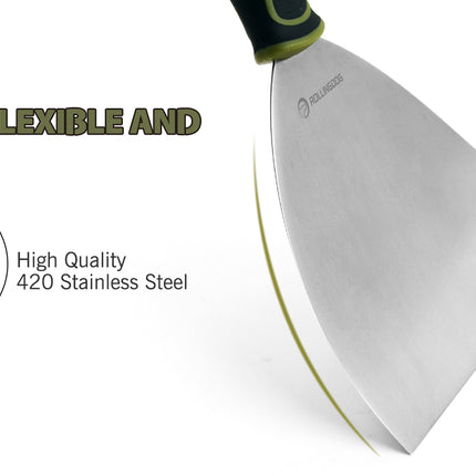 Knife with text highlighting its flexibility and sturdiness, featuring high-quality 420 stainless steel.
