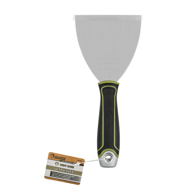 Paint scraper with black handle and Ultra-Flex label on a white background