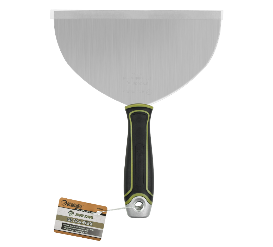 Flexible drywall joint knife showing blade curvature and ergonomic grip