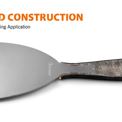 Putty knife with black handle on a white background, emphasizing 'Solid Construction' and 'Long Lasting Application'.
