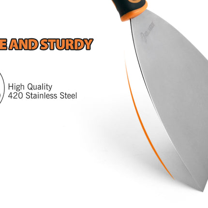 Putty knife with high-quality 420 stainless steel and text highlighting its features on a white background.