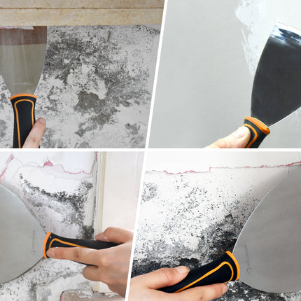Step-by-step process of using a putty knife to scrape off paint and spread compound on a surface.