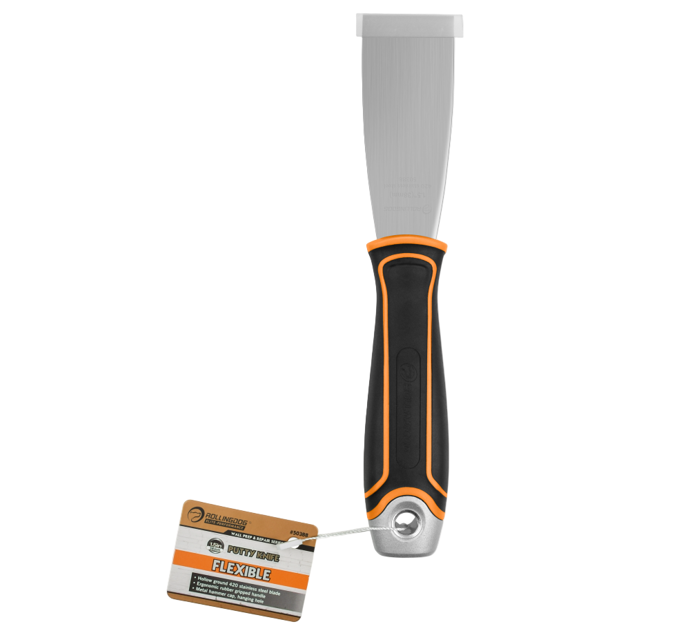1.5 inch flexible putty knife with stainless steel blade and ergonomic rubber handle
