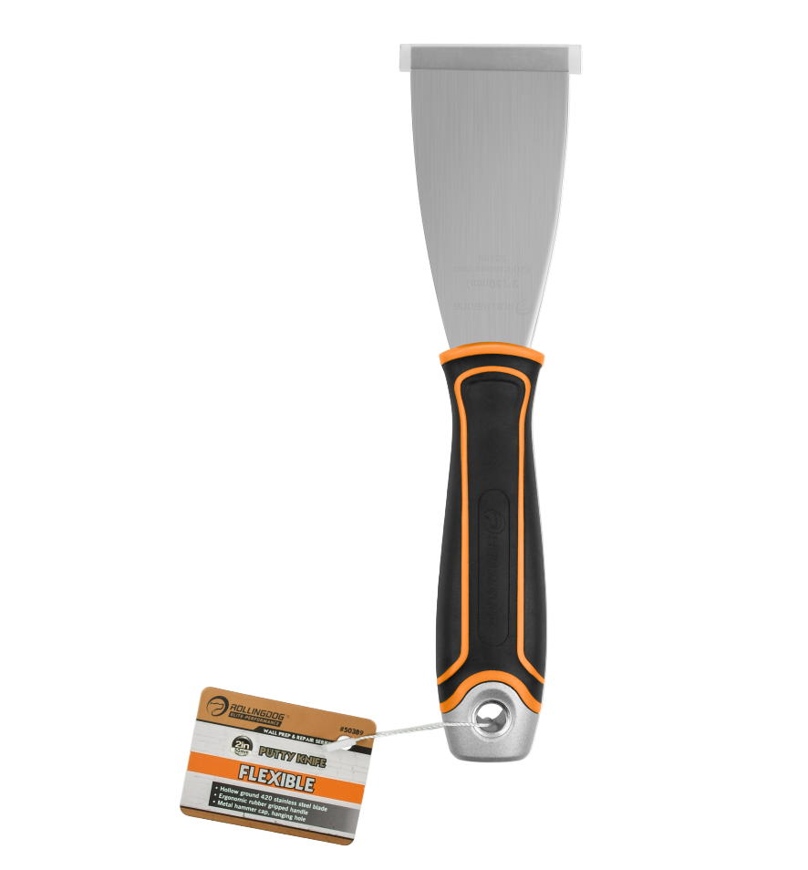 2 inch flexible putty knife with stainless steel blade and ergonomic rubber handle