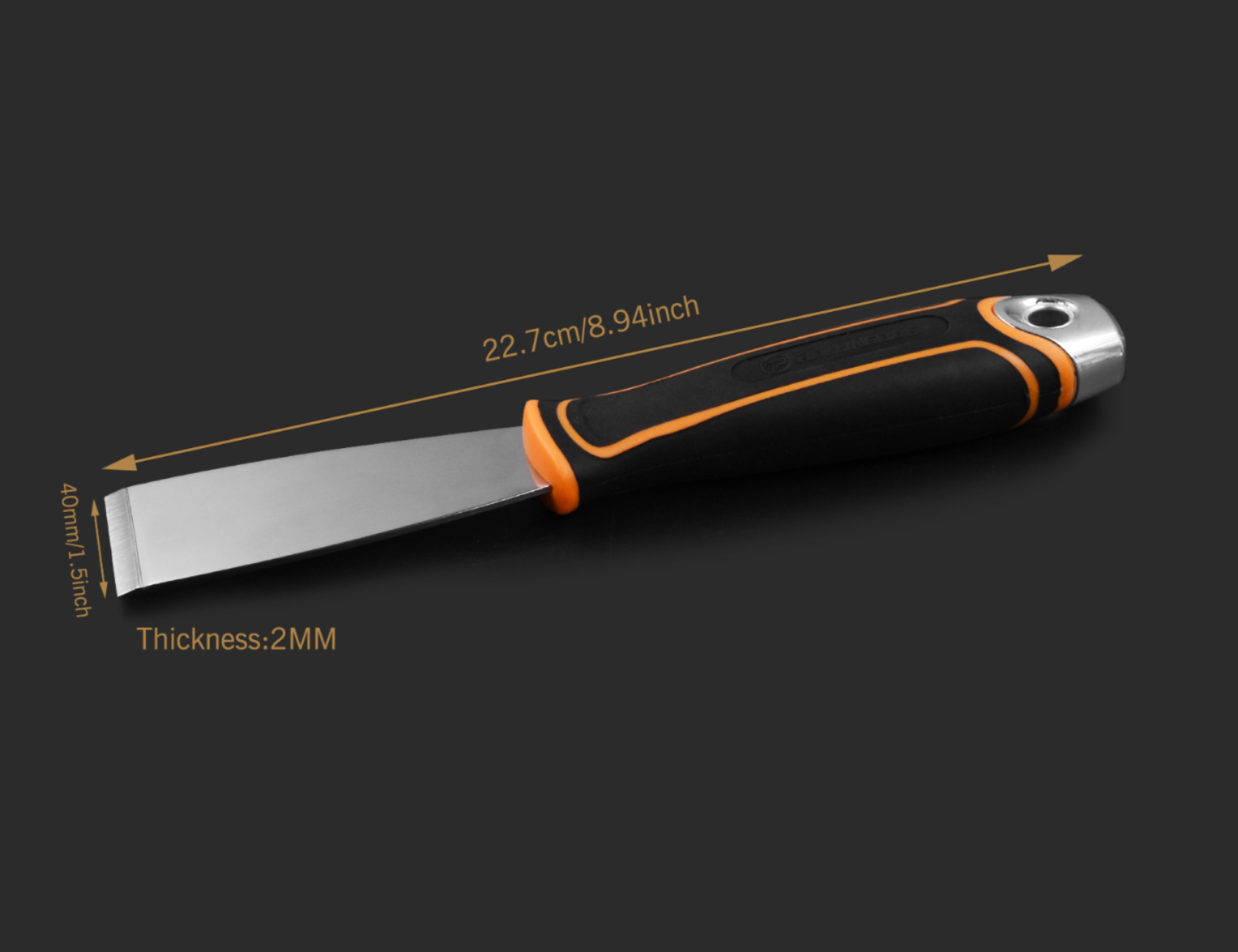 50414-Angled view of 1.5 inch Chisel Scraper with rubber grip and hammer cap
