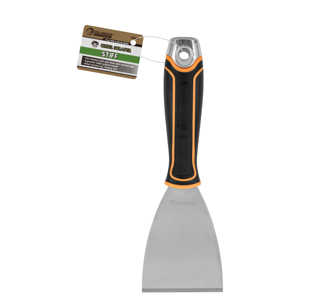 Paint scraper with black and orange handle on a white background