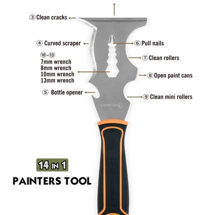 50417-specs of 14 in 1 Painter’s Multi Tool with stainless steel blade and ergonomic grip