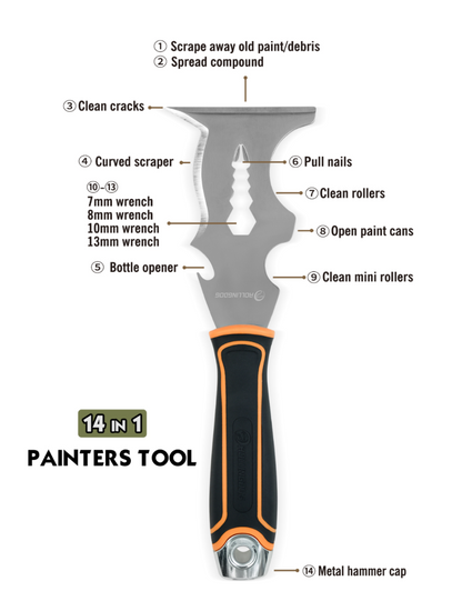 50417-specs of 14 in 1 Painter’s Multi Tool with stainless steel blade and ergonomic grip